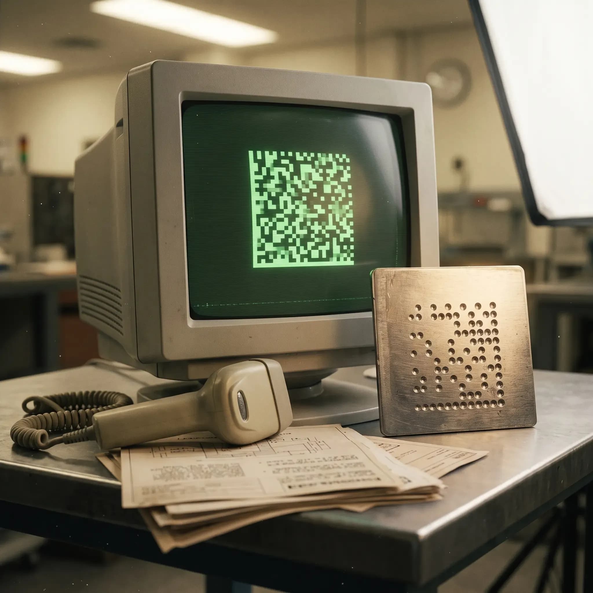 Gri bir masanın üzerinde 1980'ler veya 1990'lardan kalma retro bir CRT bilgisayar monitörü yer alıyor. Monitörün yeşil fosforlu ekranında dijital bir kare kod (Data Matrix / QR kod benzeri) görüntüleniyor. Monitörün önünde kablolu bir barkod okuyucu el terminali, basılı kağıt dokümanlar ve üzerinde kare kod biçiminde delikler açılmış metal bir plaket duruyor. Arka planda bulanık bir laboratuvar veya ofis ortamı görünüyor.
