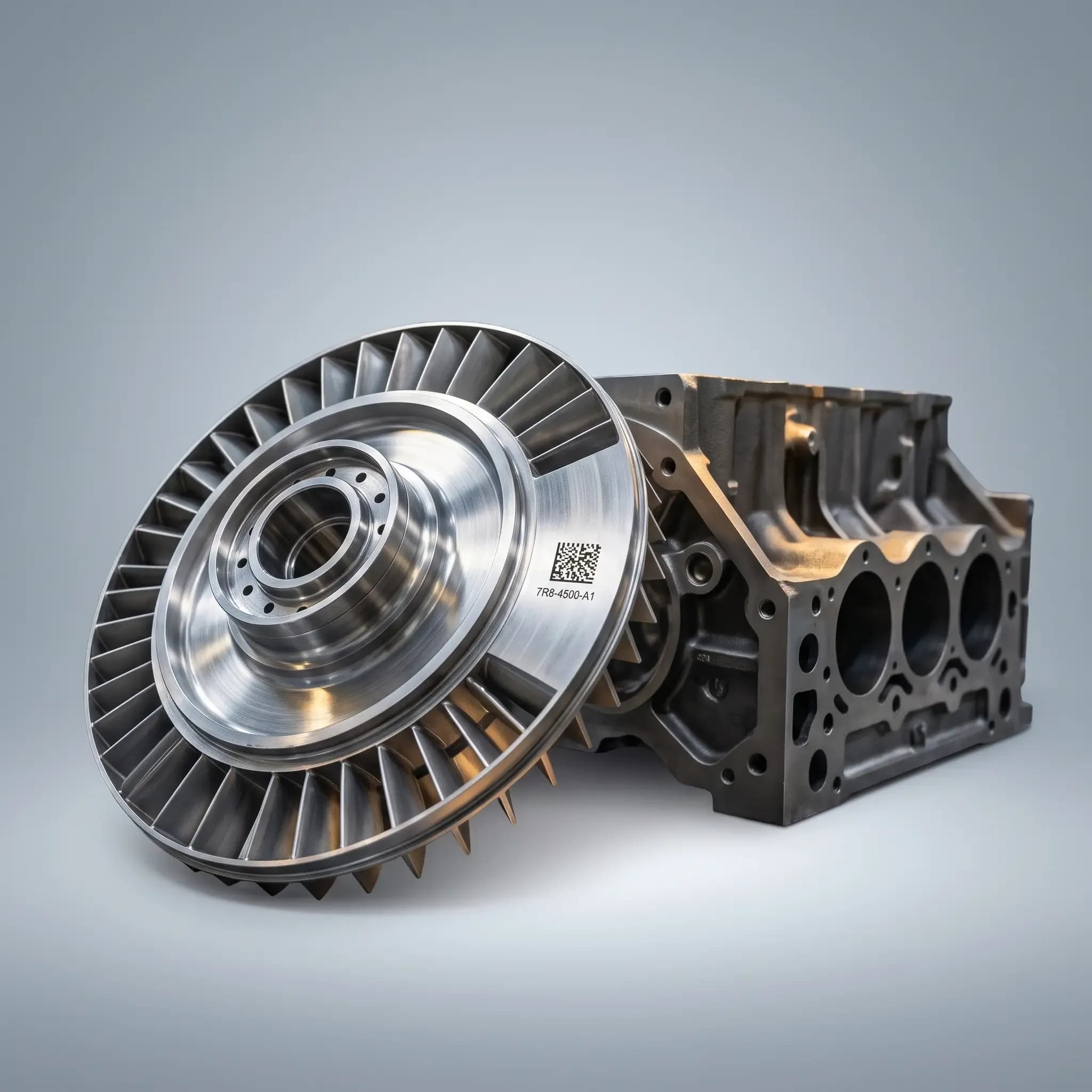 Gri stüdyo zemininde, üzerinde Data Matrix kod ve seri numarası bulunan hassas işlenmiş metal havacılık türbin parçası ve arkasında motor bloğu.